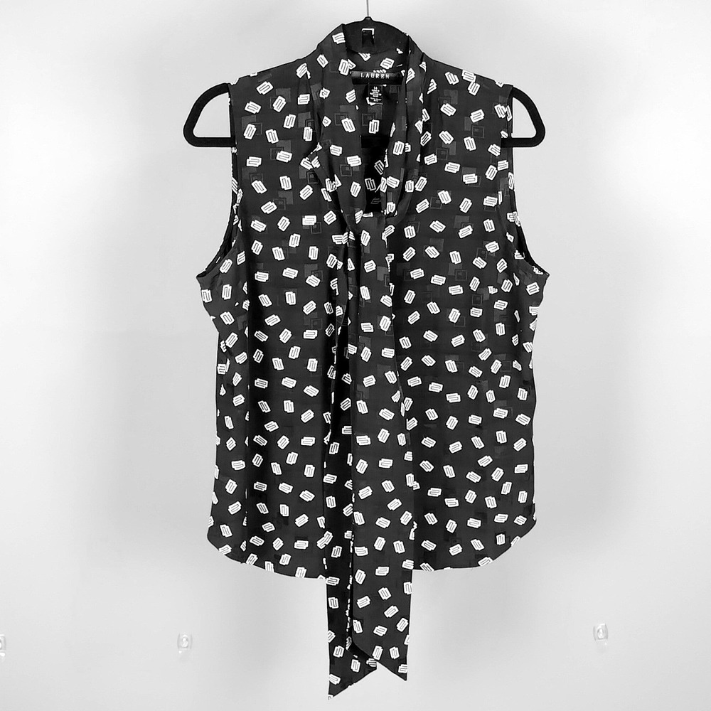 Ralph Lauren LRL Silk Sleeveless Blouse Tank Top Geometric Womens Navy White - Picture 3 of 10